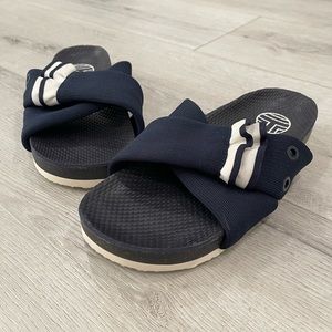 Tory Burch Navy Blue Slides Fabric Strap with Ruffle detail